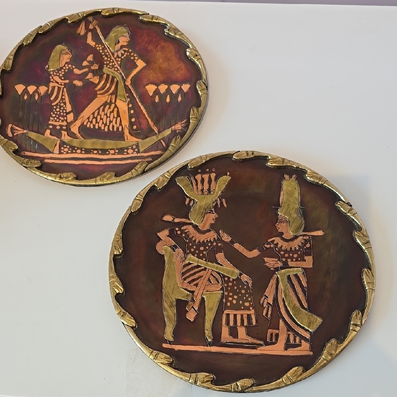 Vintage Decorative Egyptian Copper Wall Plates with Gold Accents - Picture 1 of 5